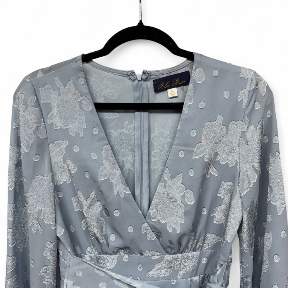 Blue Rain Floral Jacquard Long Sleeve Romper - Dusty Blue - Size Medium - Picture 5 of 10